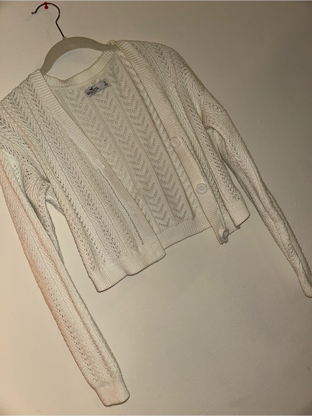 Hollister Cream Open-Knit Cropped Button Cardigan